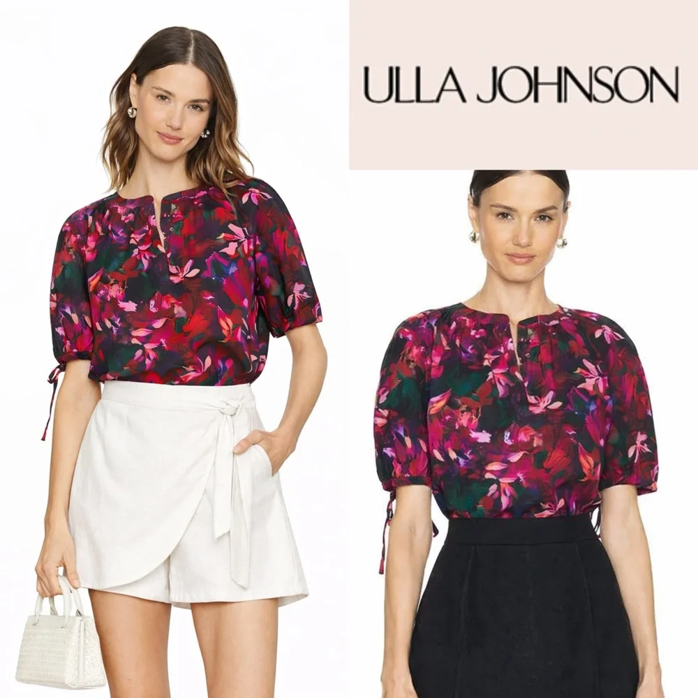 $290 Ulla Johnson Vienne Floral Puff-Sleeve Blouse size 0